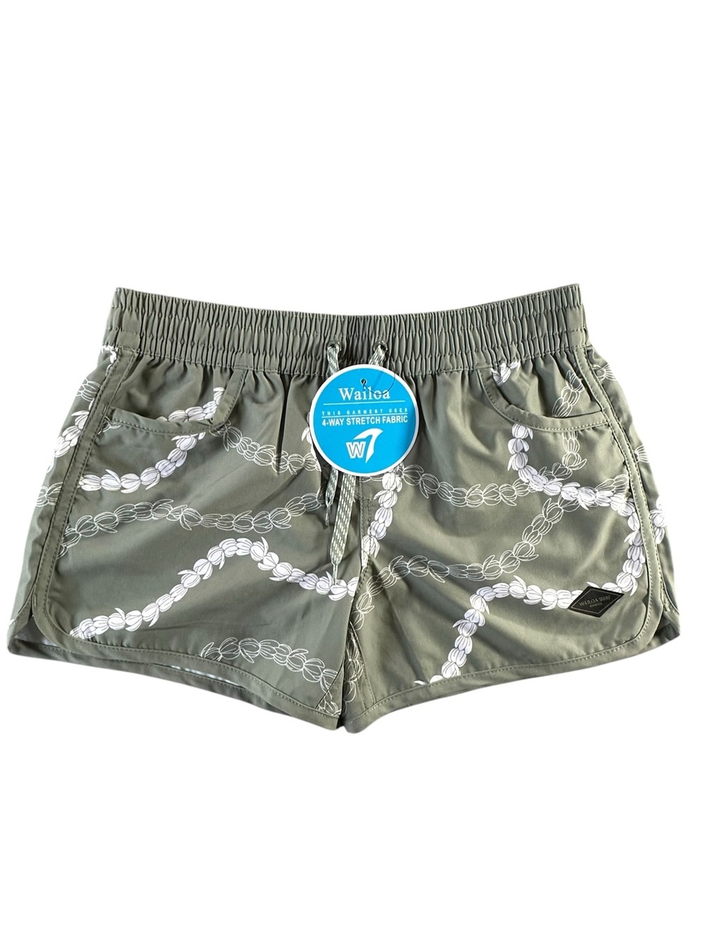 Wailoa Hawaii NWT Medium Green Floral Lei 4-Way Stretch Women's Shorts